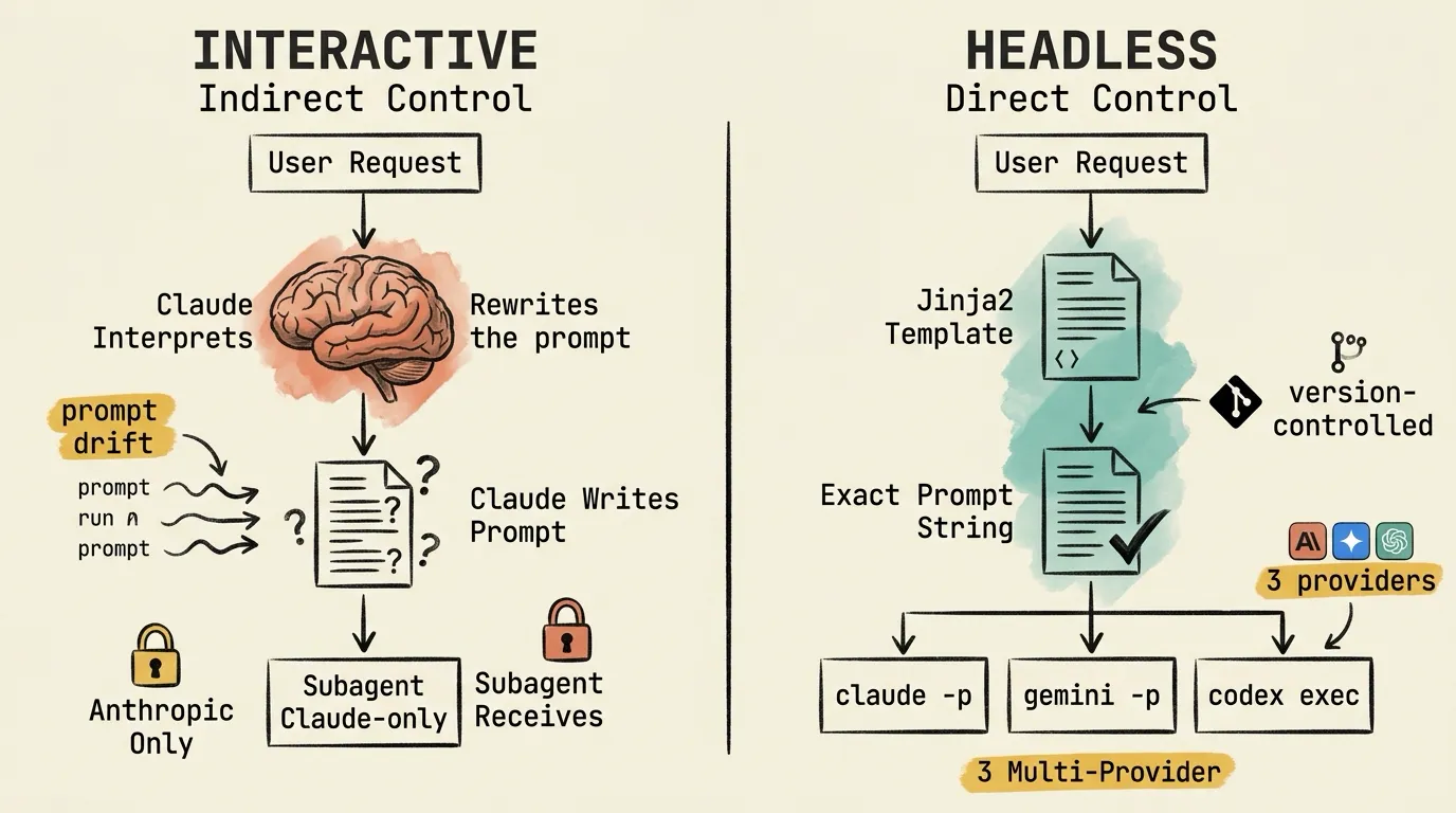 Comparison of prompt delivery chains: Interactive mode shows indirect control where an LLM interprets and rewrites prompts before passing to a single-provider subagent with prompt drift, while Headless mode shows direct control through version-controlled Jinja2 templates delivering exact prompt strings to multiple providers including Claude, Gemini, and Codex