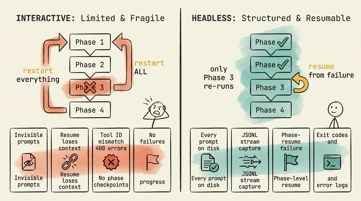 Comparison of debugging and recovery: Interactive mode shows a fragile pipeline where failure at phase 3 requires restarting everything from phase 1 with invisible prompts and broken resume, while Headless mode shows a resilient pipeline that preserves completed phases 1-2 and only re-runs the failed phase 3 with full observability and JSONL stream capture